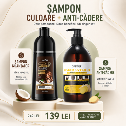 Pachet Îngrijire Păr: Șampon Nuanțator 3-în-1, cu Ulei de Cocos, 500ml + Șampon Esență Anti-Cădere și Refacere Păr, cu Ghimbir, 500ml