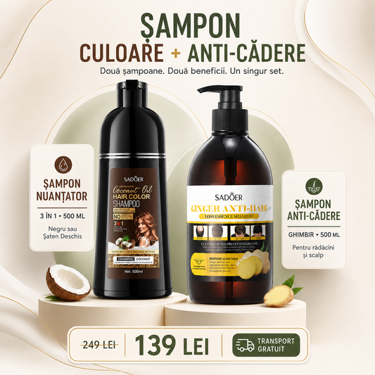 Pachet Îngrijire Păr: Șampon Nuanțator 3-în-1, cu Ulei de Cocos, 500ml + Șampon Esență Anti-Cădere și Refacere Păr, cu Ghimbir, 500ml