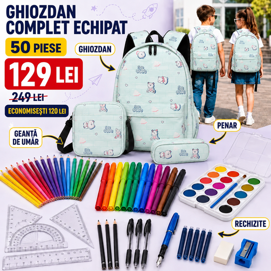Ghiozdan Școlar Mare (40×30×15cm), Model cu Ursuleți, Echipat Complet cu 50 Piese, Ghiozdan + Geantă de Umăr + Penar + Rechizite