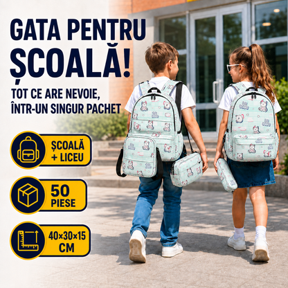 Ghiozdan Școlar Mare (40×30×15cm), Model cu Ursuleți, Echipat Complet cu 50 Piese, Ghiozdan + Geantă de Umăr + Penar + Rechizite