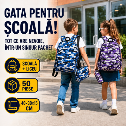 Ghiozdan Școlar Mare (40×30×15cm), Echipat Complet cu 50 Piese, Ghiozdan + Geantă de Umăr + Penar + Rechizite