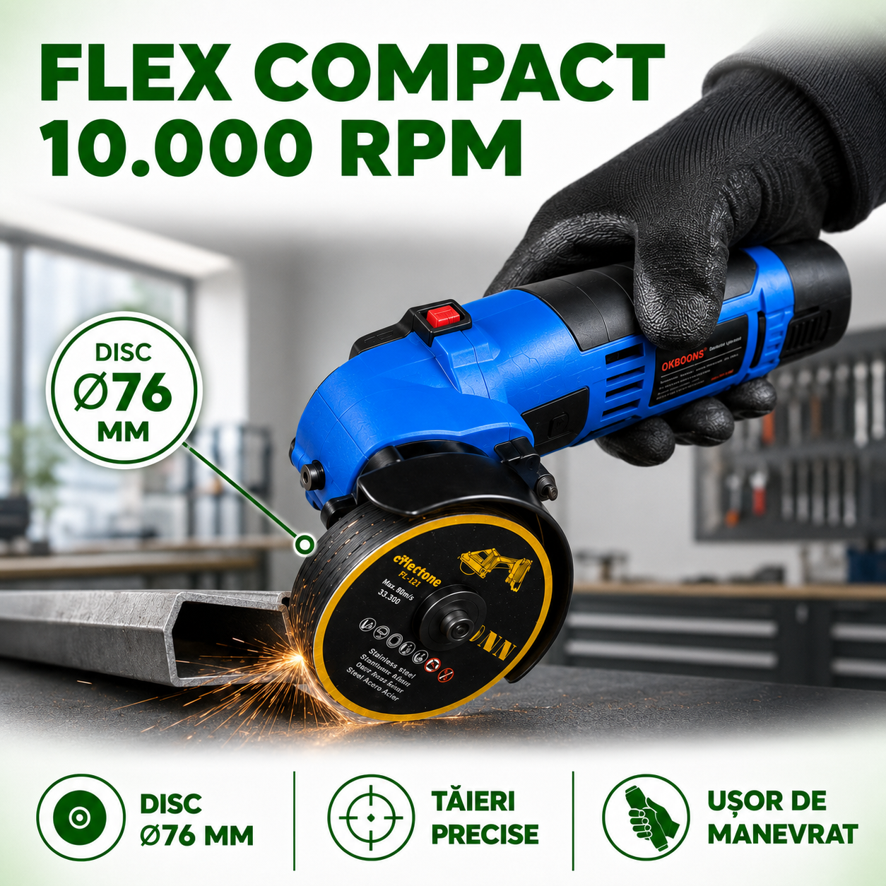Set Complet: Flex Unghiular 10.000 RPM + Bormașină 1.400 RPM, cu 2 Acumulatori Li-ion Incluși, 5 Discuri Ø76mm, Încărcător