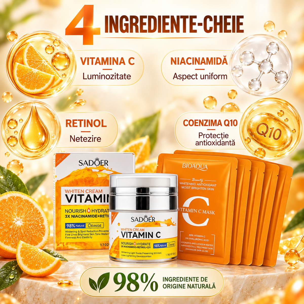 Duo Pete Pigmentare: Cremă Iluminatoare cu Vitamina C, Niacinamidă, Retinol și Q10 (98% Natural, 50g) + Set 5 Măști cu Vitamina C