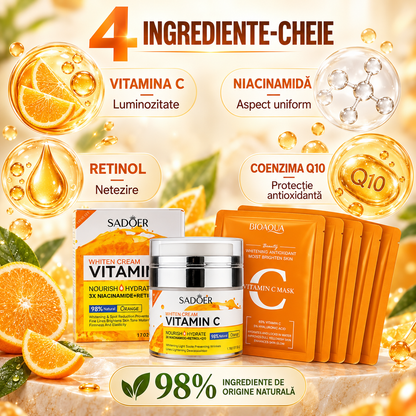 Duo Pete Pigmentare: Cremă Iluminatoare cu Vitamina C, Niacinamidă, Retinol și Q10 (98% Natural, 50g) + Set 5 Măști cu Vitamina C
