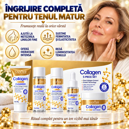 Set Îngrijire Ten cu Colagen Hidrolizat 5-în-1 (Gel de Curățare, Tonic, Loțiune, Ser și Cremă de Față) - Hidratare Intensă și Efect Anti-Îmbătrânire