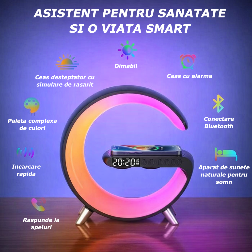 Lampă LED Smart cu Încărcător Wireless, Ceas cu Alarmă, Difuzoare, Radio FM, Bluetooth, Control în Aplicație, Lumini Reglabile,