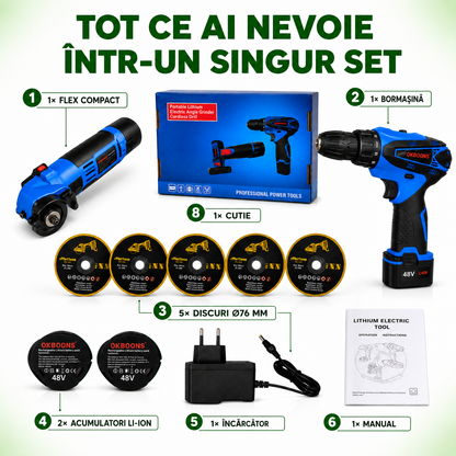 Set Complet: Flex Unghiular 10.000 RPM + Bormașină 1.400 RPM, cu 2 Acumulatori Li-ion Incluși, 5 Discuri Ø76mm, Încărcător