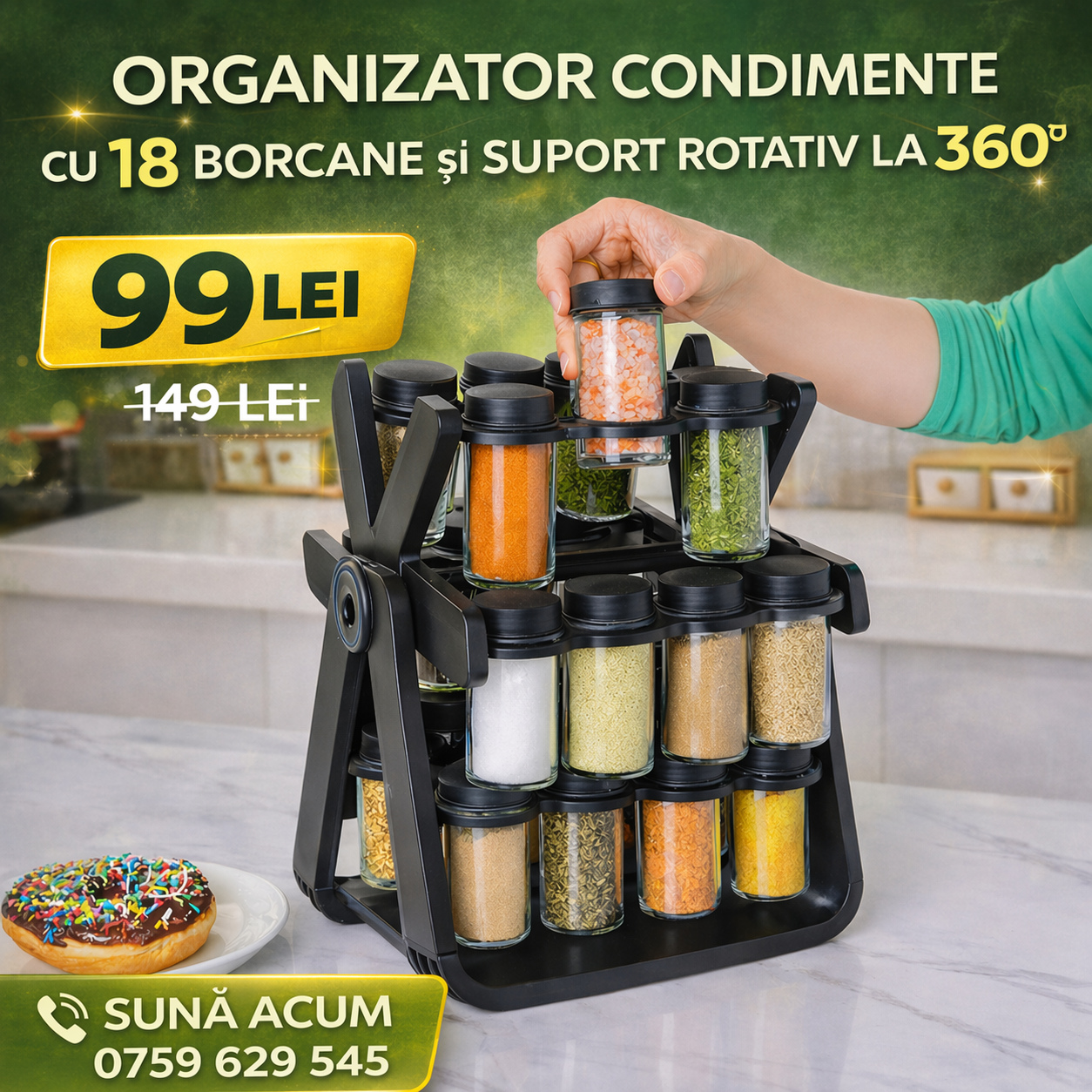 Organizator Condimente cu 18 Borcane și Suport Rotativ la 360°