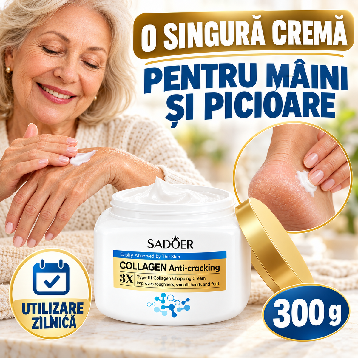 (1+1 GRATIS) Cremă Anti-Crăpături pentru Mâini și Picioare cu Colagen 3X, Hidratare Intensă și Regenerare, 2 x 300g