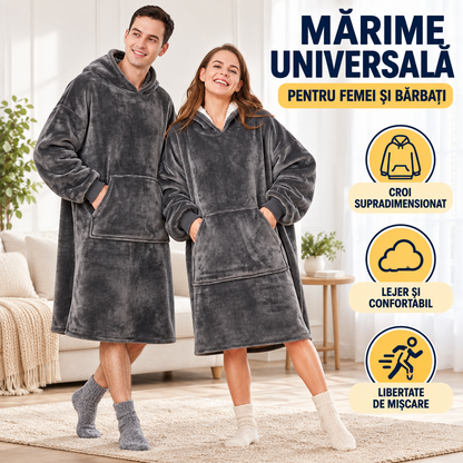 Hanorac-Pătură cu Blăniță, foarte Pufos și Călduros, cu Glugă și Buzunare, pentru Bărbați și Femei, mărime Universală