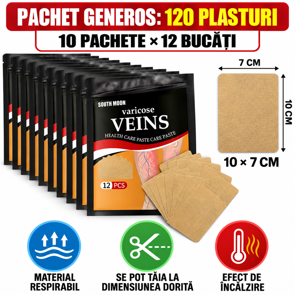 Set 120 Plasturi Naturali pentru Varice, Vene tip Pânză de Păianjen și Picioare Obosite (Extracte din Plante Medicinale, Efect Termic)