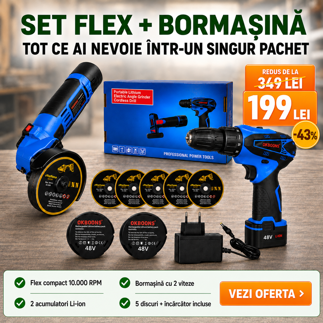Set Complet: Flex Unghiular 10.000 RPM + Bormașină 1.400 RPM, cu 2 Acumulatori Li-ion Incluși, 5 Discuri Ø76mm, Încărcător