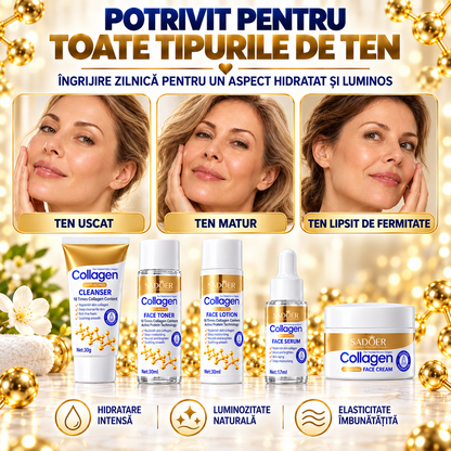 Set Îngrijire Ten cu Colagen Hidrolizat 5-în-1 (Gel de Curățare, Tonic, Loțiune, Ser și Cremă de Față) - Hidratare Intensă și Efect Anti-Îmbătrânire