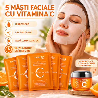 Pachet Anti-Pete Pigmentare: Cremă 5X Vitamina C, Albire și Revitalizare, 50g + Set 5 Măști cu Vitamina C