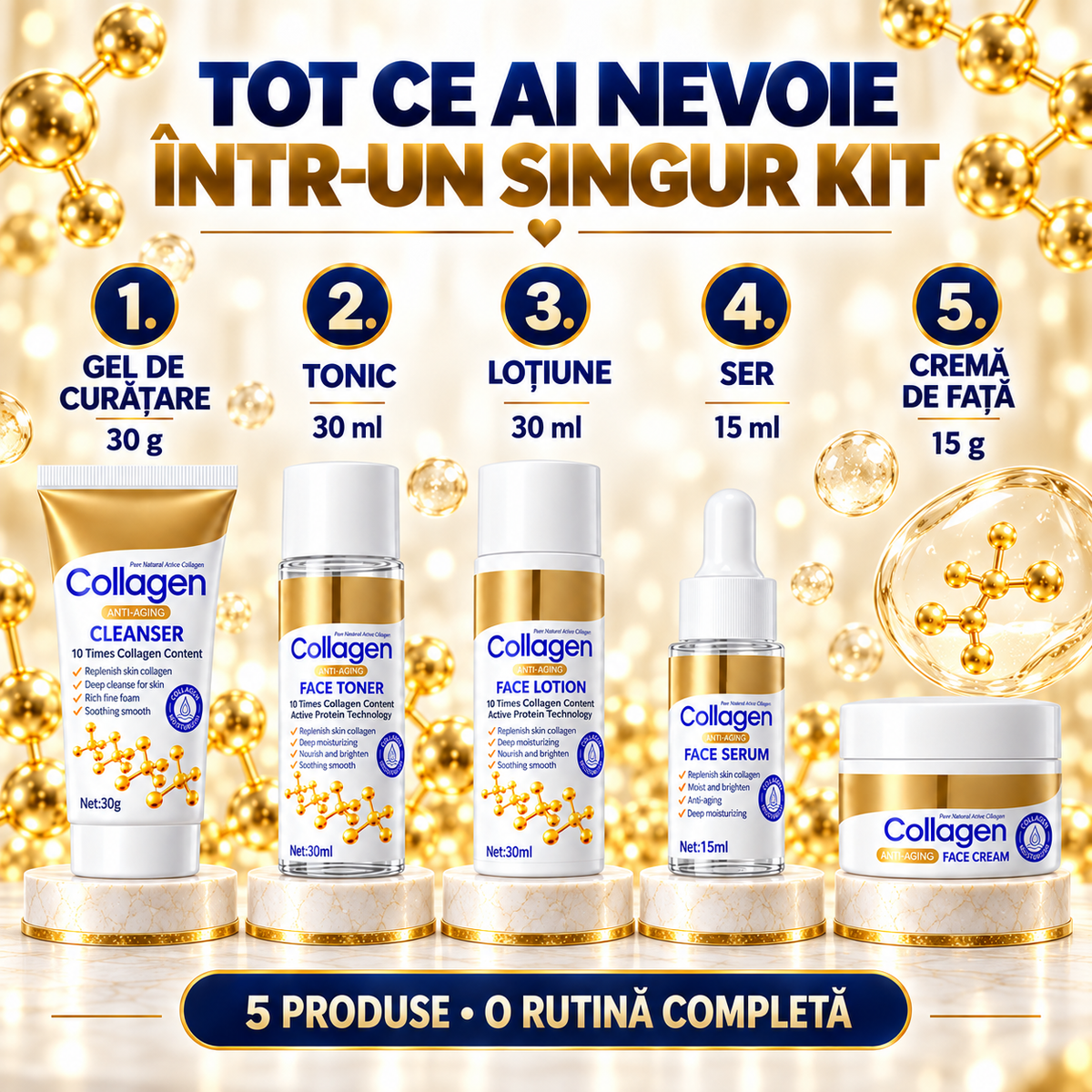 Set Îngrijire Ten cu Colagen Hidrolizat 5-în-1 (Gel de Curățare, Tonic, Loțiune, Ser și Cremă de Față) - Hidratare Intensă și Efect Anti-Îmbătrânire