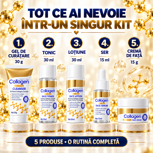 Set Îngrijire Ten cu Colagen Hidrolizat 5-în-1 (Gel de Curățare, Tonic, Loțiune, Ser și Cremă de Față) - Hidratare Intensă și Efect Anti-Îmbătrânire