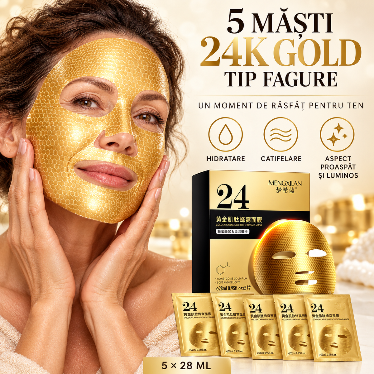 Set Îngrijire Ten 24K Golden Collagen - Cremă Anti-Rid, Ser cu Acid Hialuronic și 5 Măști Fagure Aurii + CADOU Parfum Arăbesc Farah (40ml+40ml+5x28ml+35ml)