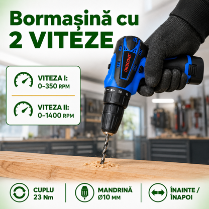 Set Complet: Flex Unghiular 10.000 RPM + Bormașină 1.400 RPM, cu 2 Acumulatori Li-ion Incluși, 5 Discuri Ø76mm, Încărcător