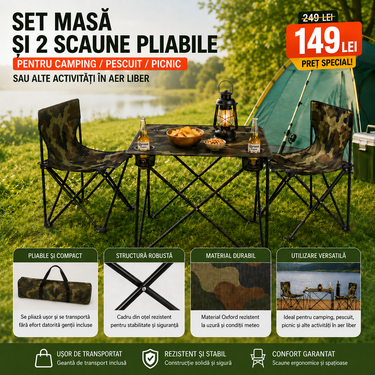 Set Masă (40x45cm) și 2 Scaune (60x30cm) Pliabile, pentru Camping, Picnic, Pescuit sau alte Activități, Geantă Transport Inclusă, Masă cu Suport Pahare/Sticle