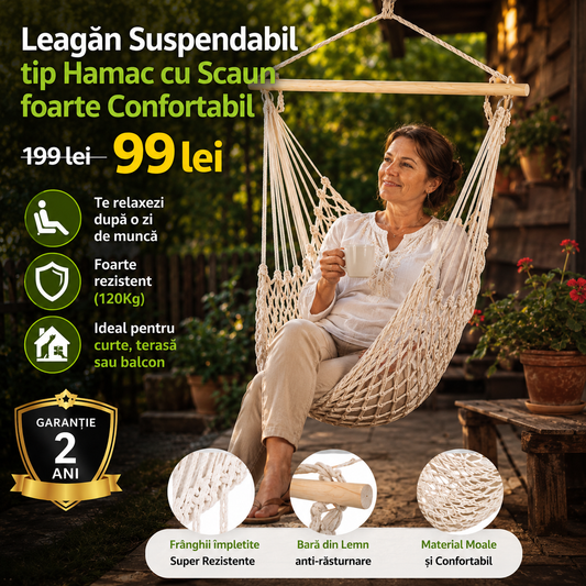 Leagăn Suspendabil tip Hamac cu Scaun foarte Confortabil, Dimensiune 100x120cm, foarte Rezistent (120Kg), din Bumbac și Țesătură Macrame