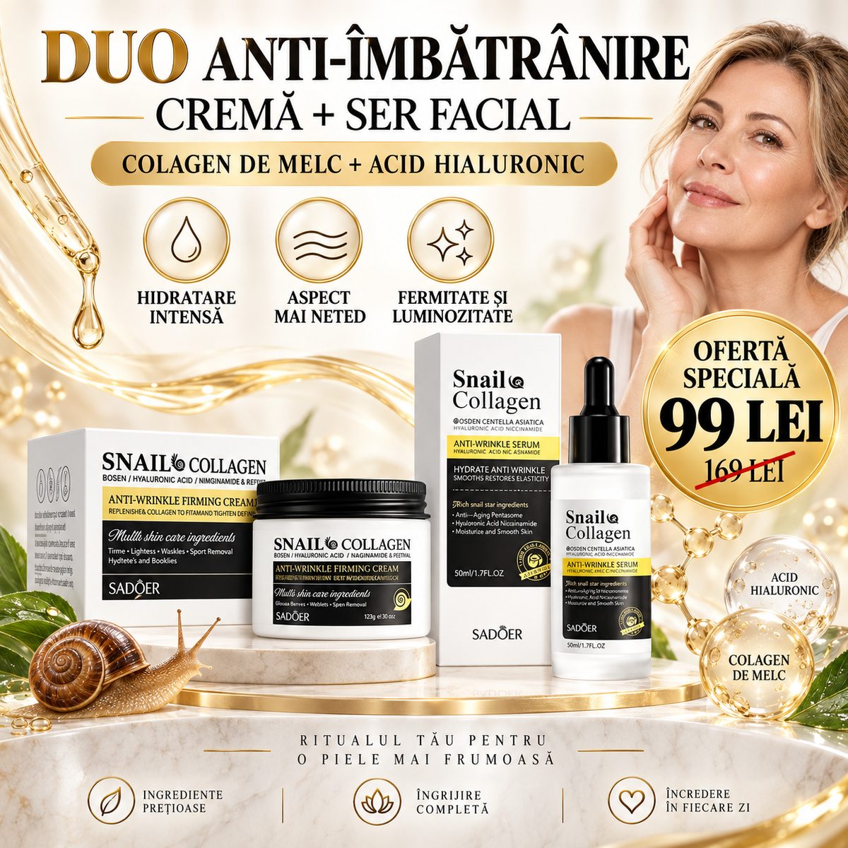Pachet Îngrijire Ten: Cremă Anti-Rid cu Colagen de Melc și Acid Hialuronic (120g)+ Ser Facial cu Colagen de Melc și Acid Hialuronic (50ml), DUO Anti-Îmbătrânire, Anti-Riduri, Redă Fermitate și Aspectul Tânăr al Tenului