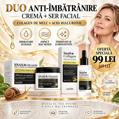 Pachet Îngrijire Ten: Cremă Anti-Rid cu Colagen de Melc și Acid Hialuronic (120g)+ Ser Facial cu Colagen de Melc și Acid Hialuronic (50ml), DUO Anti-Îmbătrânire, Anti-Riduri, Redă Fermitate și Aspectul Tânăr al Tenului