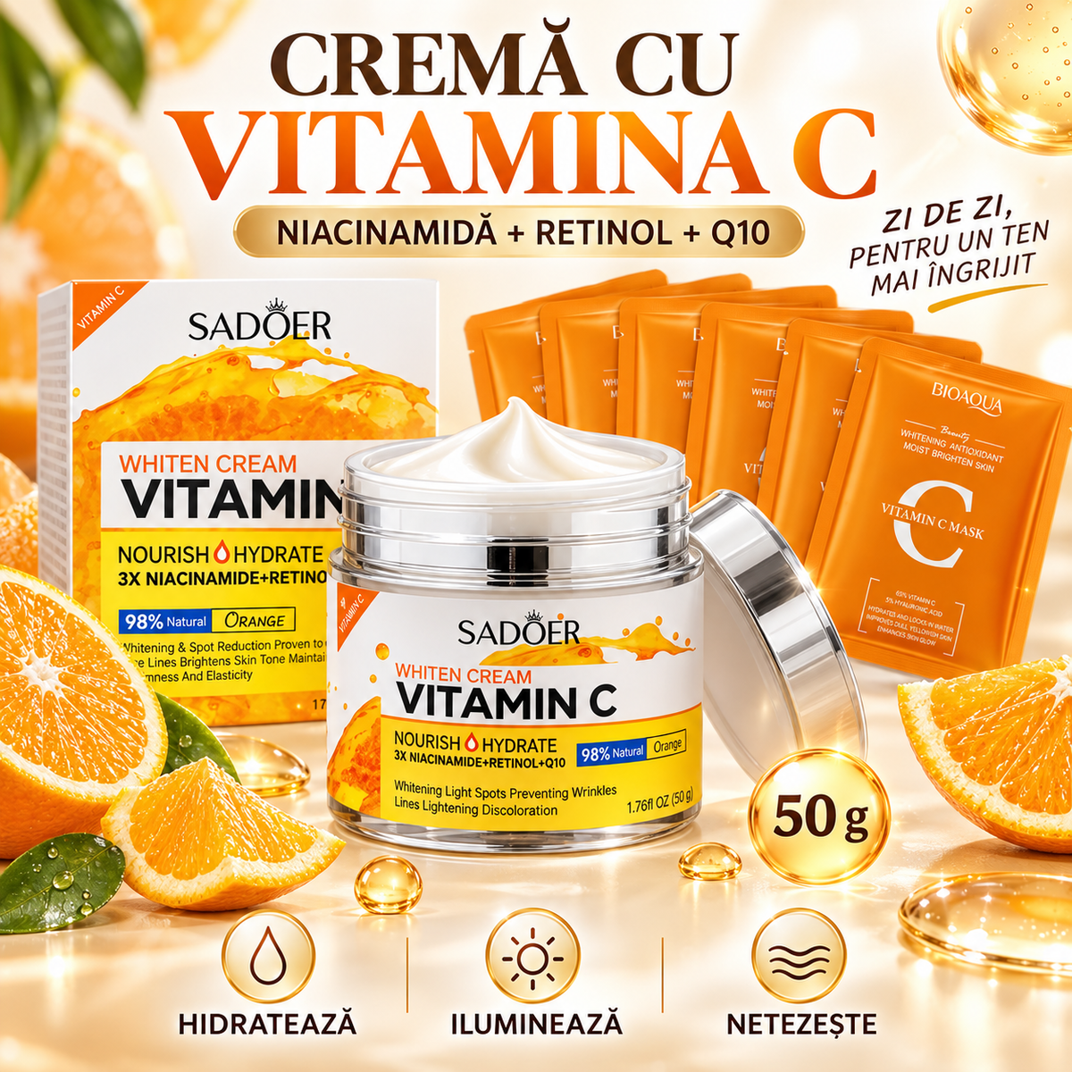 Duo Pete Pigmentare: Cremă Iluminatoare cu Vitamina C, Niacinamidă, Retinol și Q10 (98% Natural, 50g) + Set 5 Măști cu Vitamina C