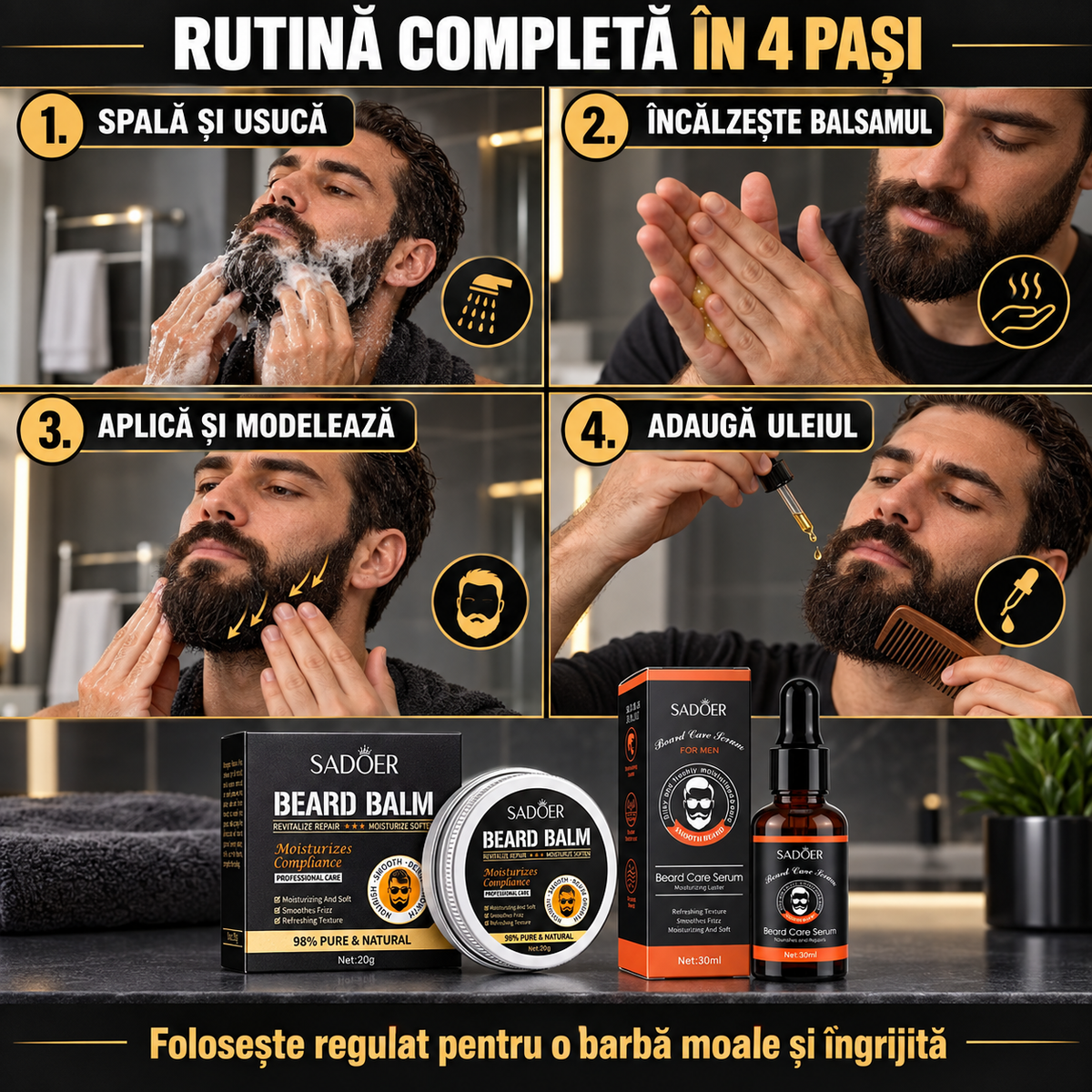 Pachet Îngrijire Barbă (Ulei 30ml + Balsam 20g) cu Extracte Naturale de Plante, pentru Hidratare și Fortifiere