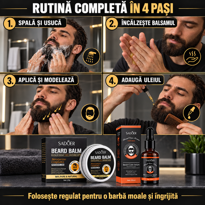Pachet Îngrijire Barbă (Ulei 30ml + Balsam 20g) cu Extracte Naturale de Plante, pentru Hidratare și Fortifiere
