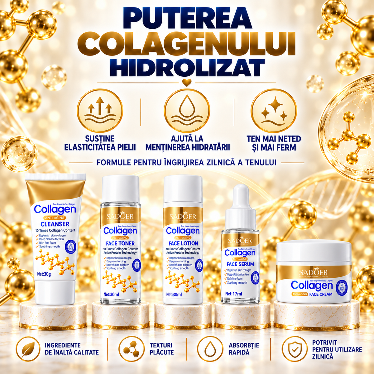 Set Îngrijire Ten cu Colagen Hidrolizat 5-în-1 (Gel de Curățare, Tonic, Loțiune, Ser și Cremă de Față) - Hidratare Intensă și Efect Anti-Îmbătrânire