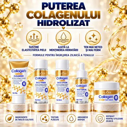 Set Îngrijire Ten cu Colagen Hidrolizat 5-în-1 (Gel de Curățare, Tonic, Loțiune, Ser și Cremă de Față) - Hidratare Intensă și Efect Anti-Îmbătrânire