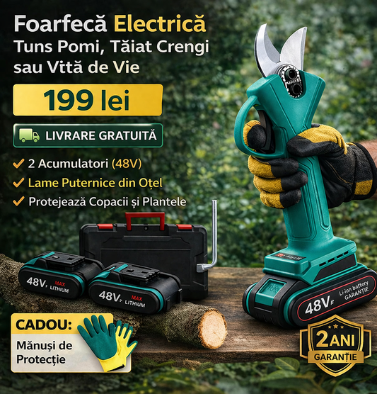 Foarfecă Electrică pentru Tuns Pomi, Crengi sau Vie, cu 2 Acumulatori (48V), Lame Puternice  din Oțel + CADOU: Mănuși de Protecție din Țesătură și Cauciuc