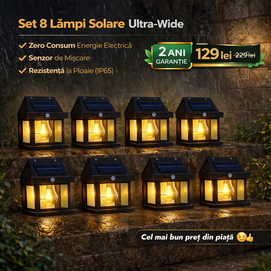 Set 8 Lămpi cu Încărcare Solară, 3 Moduri Iluminare, Senzor de Mișcare, Rezistență la Ploaie (IP65), Mod Automat Noapte/Zi
