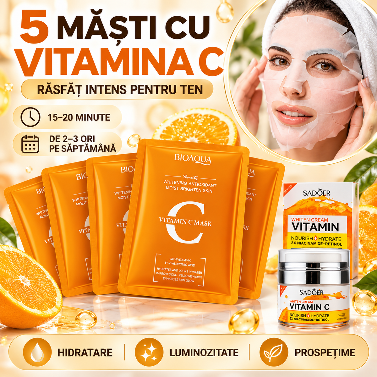 Duo Pete Pigmentare: Cremă Iluminatoare cu Vitamina C, Niacinamidă, Retinol și Q10 (98% Natural, 50g) + Set 5 Măști cu Vitamina C