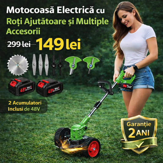 Motocoasă Electrică, foarte Puternică (18000 RPM), cu 2 Acumulatori (48V), Roți Ajutătoare Detașabile, Multiple Accesorii + CADOU: Mănuși de Protecție din Țesătură și Cauciuc