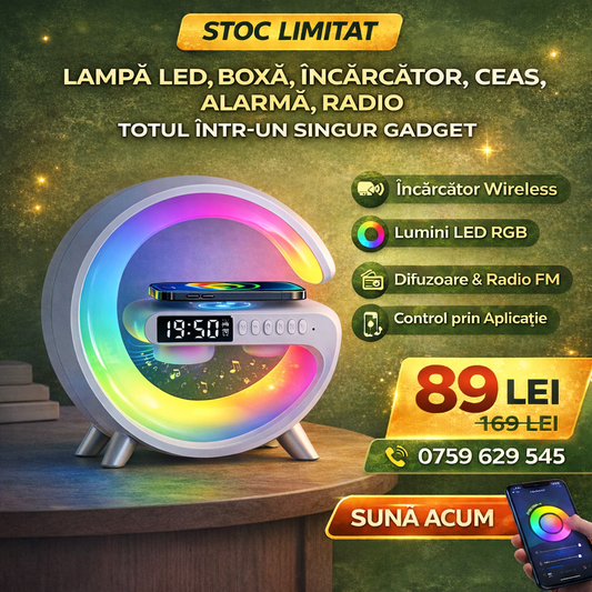 Lampă LED Smart cu Încărcător Wireless, Ceas cu Alarmă, Difuzoare, Radio FM, Bluetooth, Control în Aplicație, Lumini Reglabile,