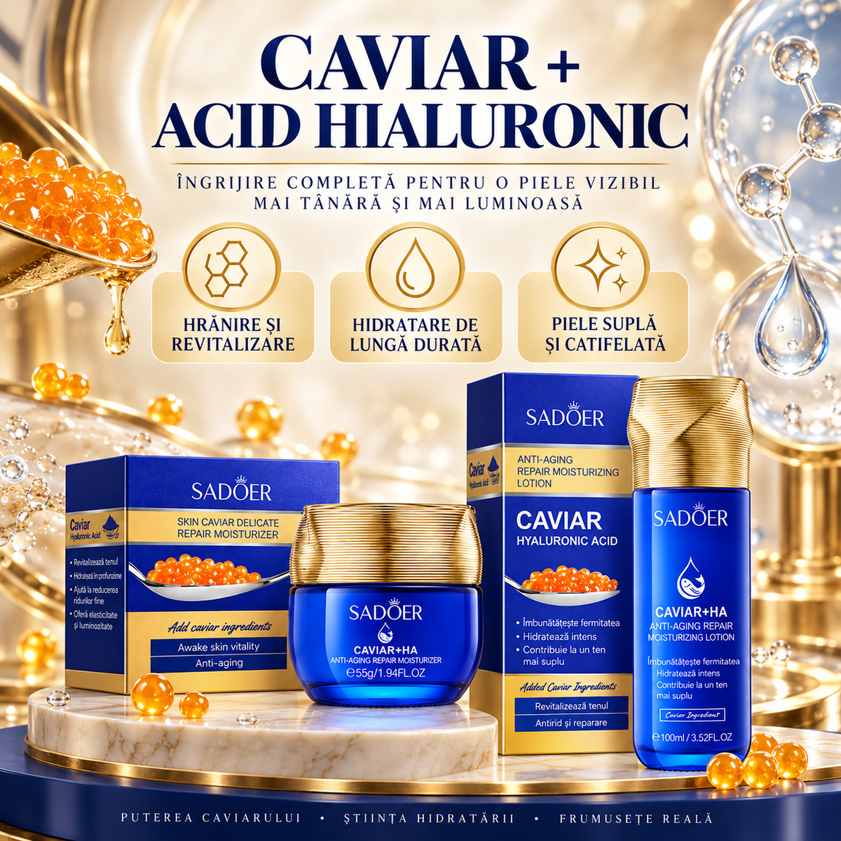 Pachet Îngrijire Ten: Cremă Antirid 55g cu Caviar și Acid Hialuronic + Loțiune Hidratantă 100ml cu Caviar și Acid Hialuronic, DUO Anti-Îmbătrânire, Anti-Riduri, Redă Fermitate și Aspectul Tânăr al Tenului