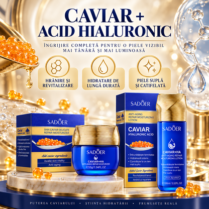 Pachet Îngrijire Ten: Cremă Antirid 55g cu Caviar și Acid Hialuronic + Loțiune Hidratantă 100ml cu Caviar și Acid Hialuronic, DUO Anti-Îmbătrânire, Anti-Riduri, Redă Fermitate și Aspectul Tânăr al Tenului