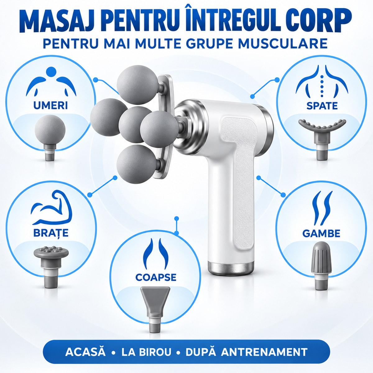 Pistol de Masaj Profesional cu 9 Capete Interschimbabile, Cap Special cu 5 Bile, 6 Trepte de Viteză și Acumulator Reîncărcabil