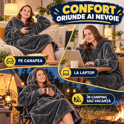 Hanorac-Pătură cu Blăniță, foarte Pufos și Călduros, cu Glugă și Buzunare, pentru Bărbați și Femei, mărime Universală