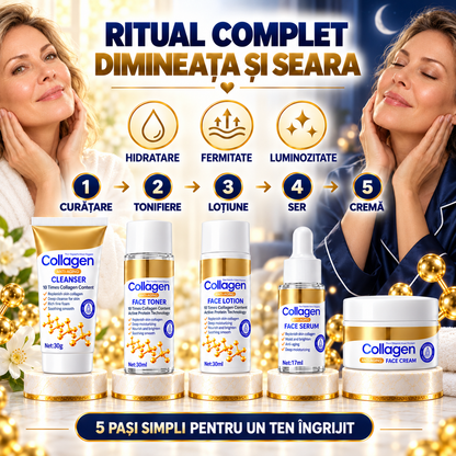 Set Îngrijire Ten cu Colagen Hidrolizat 5-în-1 (Gel de Curățare, Tonic, Loțiune, Ser și Cremă de Față) - Hidratare Intensă și Efect Anti-Îmbătrânire