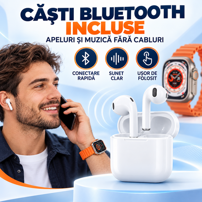 Super-Set SmartWatch ULTRA cu 7 Brățări Interschimbabile, Căști Bluetooth și Încărcător Wireless MagSafe