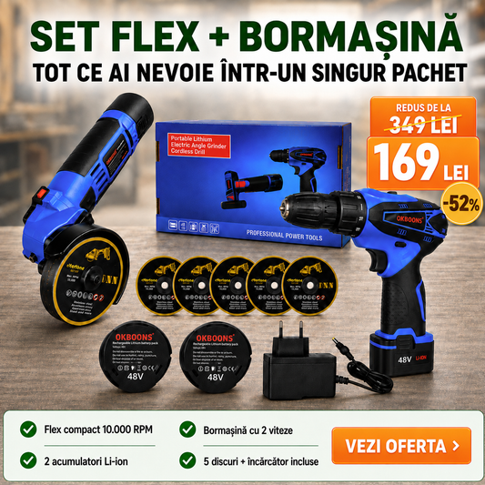 Set Complet: Flex Unghiular 10.000 RPM + Bormașină 1.400 RPM, cu 2 Acumulatori Li-ion Incluși, 5 Discuri Ø76mm, Încărcător