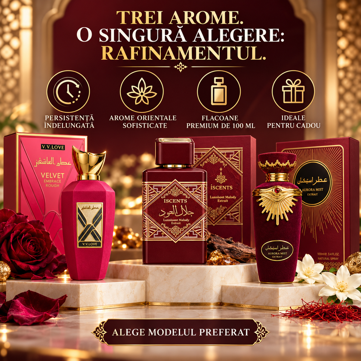 Apă de Parfum Oriental Premium, 100ml, Persistență Îndelungată, Unisex (3 Arome la Alegere: Velvet Embrace, Arabic, Aurora Mist)