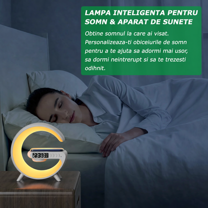 Lampă LED Smart cu Încărcător Wireless, Ceas cu Alarmă, Difuzoare, Radio FM, Bluetooth, Control în Aplicație, Lumini Reglabile,