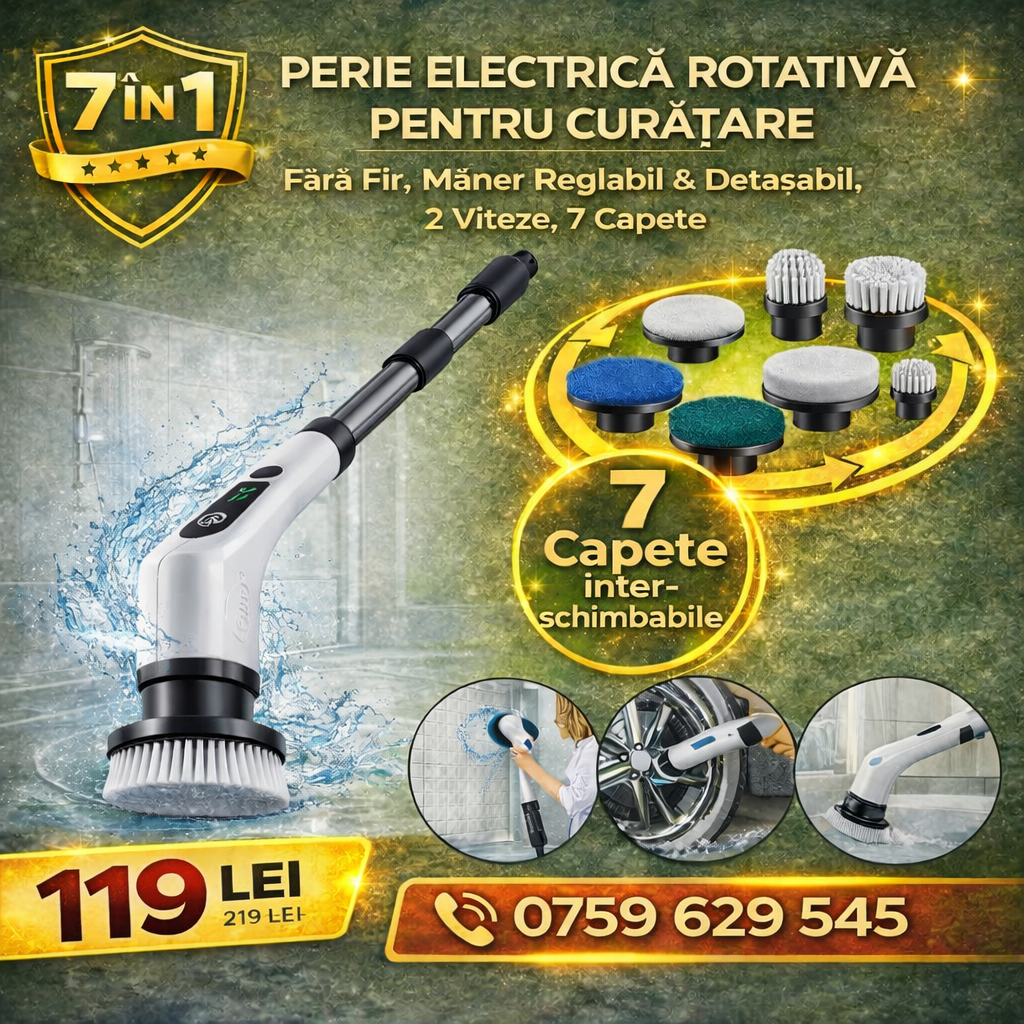 Perie Electrică Rotativă pentru Curățare 7-în-1, fără Fir, Mâner Reglabil și Detașabil, 2 Viteze, 9 Capete