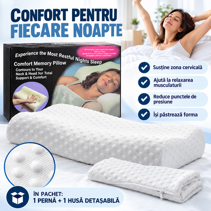 Pernă Ortopedică cu Spumă Memorie, Suport Ergonomic Gât, Umeri și Spate, Ideală pentru Orice Poziție de Somn, 50x29x10/7cm, Albă