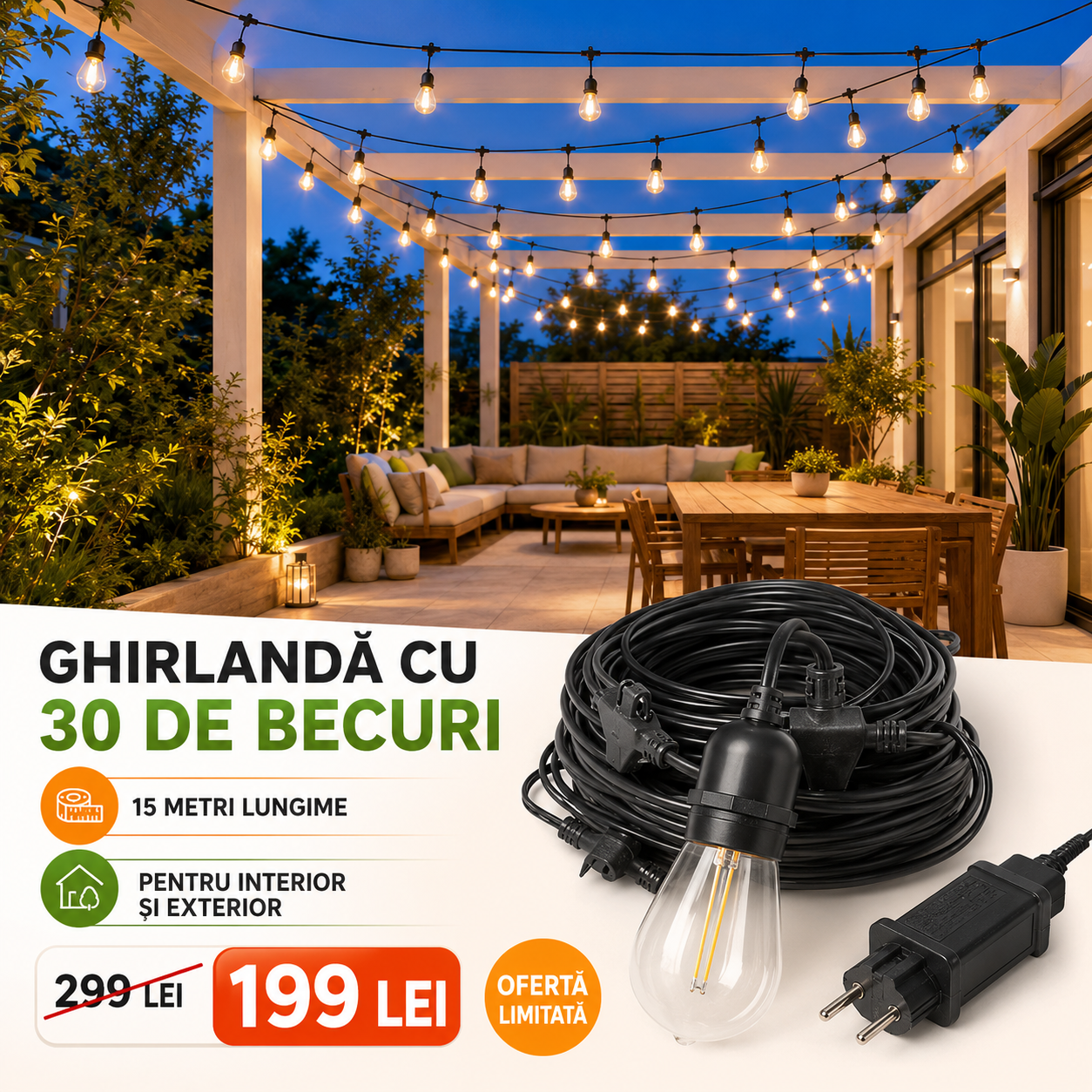 Ghirlandă Luminoasă pentru Grădină, Becuri LED Economice cu Lumină Caldă, Efect Vizual Spectaculos, Lungime 15 Metri cu 30 becuri