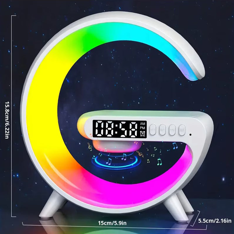 Lampă LED Smart cu Încărcător Wireless, Ceas cu Alarmă, Difuzoare, Radio FM, Bluetooth, Control în Aplicație, Lumini Reglabile,